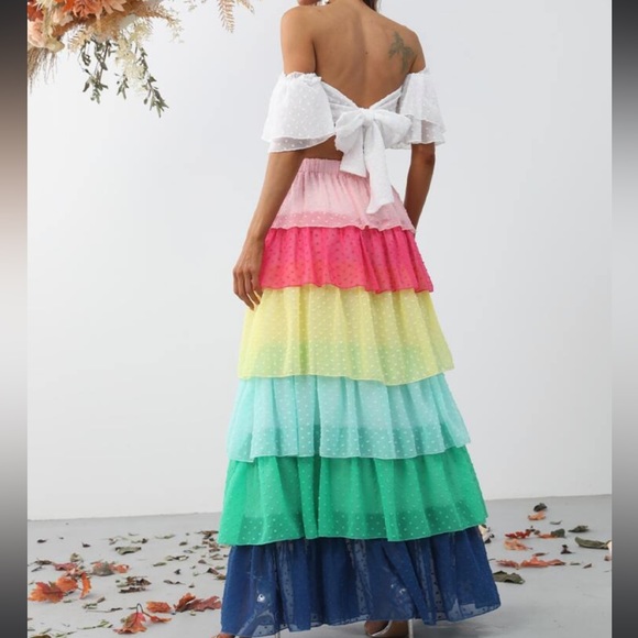 Boho Swiss Dot Off Shoulder Cropped Top Ruffle Frill Color Block Maxi Skirt Set - Picture 3 of 6